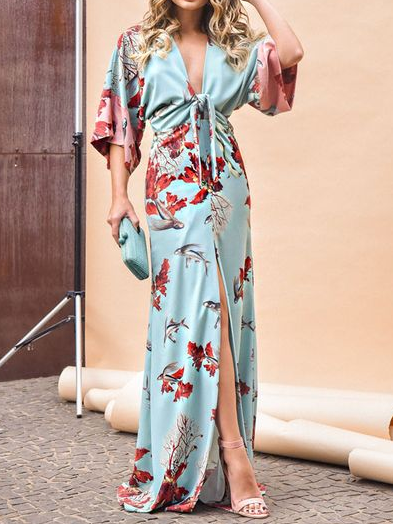 

Deep V Neck Elegant Floral Regular Fit Dress, As picture, Maxi Dresses