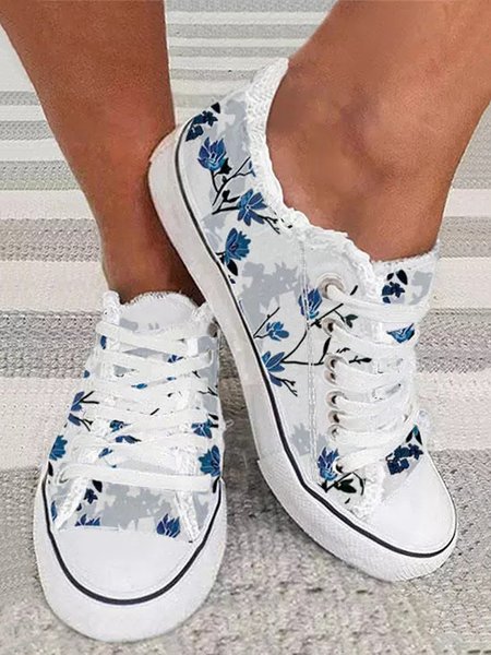 

Women's Casual Floral Printing Lace-Up Canvas Shoes, White, Sneakers
