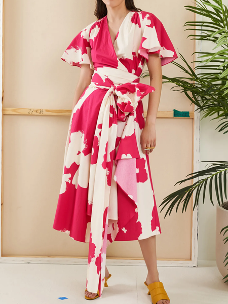 

Elegant Floral Cross Neck Loose Dress, As picture, Midi Dresses