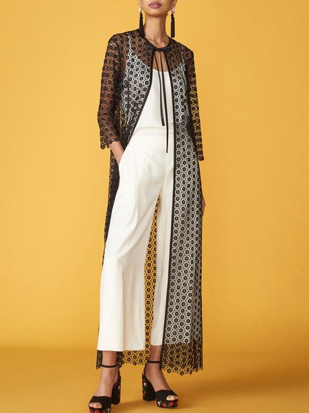 

Crew Neck Vacation Loose Long Kimono, Black, Others