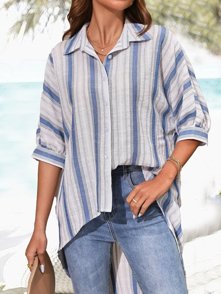 

Shirt Collar Linen Buttoned Geometric Blouse, Blue, Shirts & Blouses