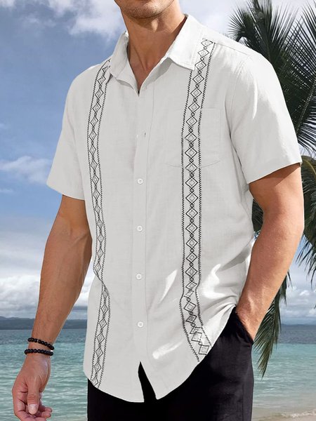 

Striped Chest Pocket Short Sleeve Bowling Shirt, White, Men Shirts