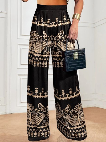 

Casual Ethnic Print High Waist Wide Leg Baggy Long Pant, Black, Pants