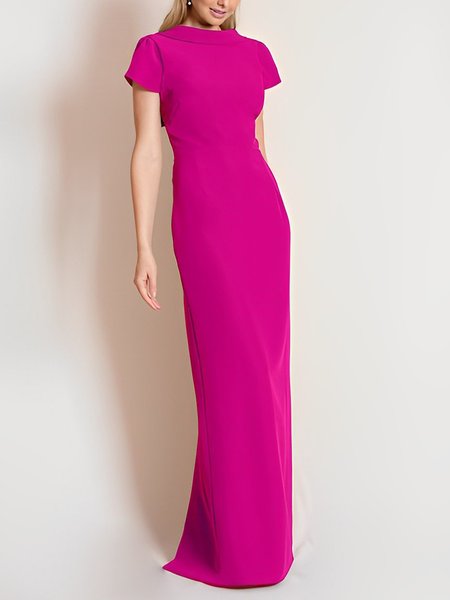 

Shawl Collar Elegant Loose Plain Dress, Deep pink, Maxi Dresses