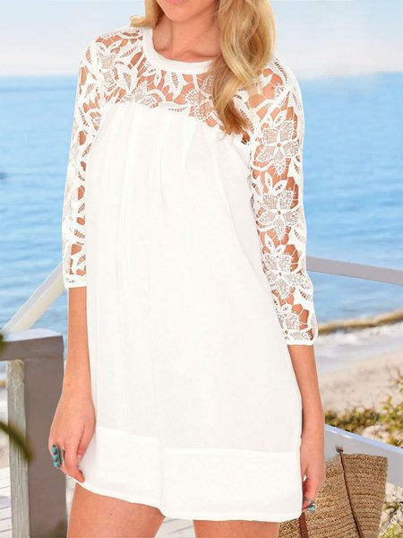 

Lace Elegant Crew Neck Plain Dress, White, Dresses