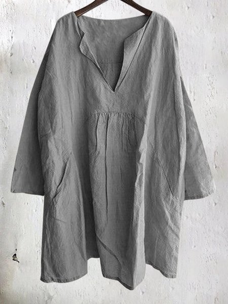 

Women Linen Solid Color V-neck Casual Shirt, Gray, Tunics