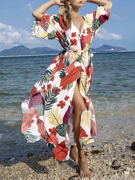 

Half sleeve Regular Fit Vacation V Neck Kimono, Red, Others