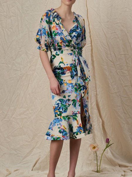 

V Neck Floral Elegant Regular Size Dress, As picture, Midi Dresses
