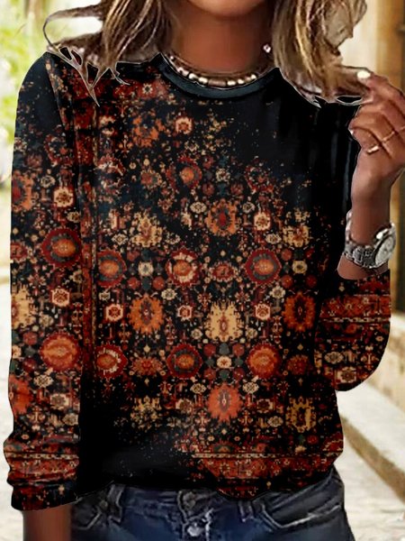 

Women's Vintage Print Casual Crew Neck Shirt, Black, Long sleeves