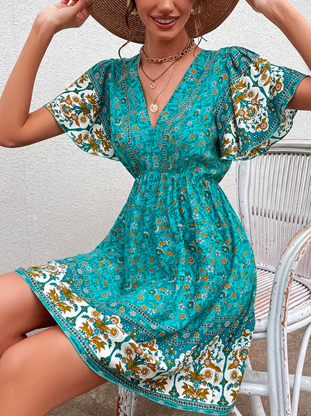 

Floral Color Block V Neck Vacation Loose Dress, Blue, Dresses