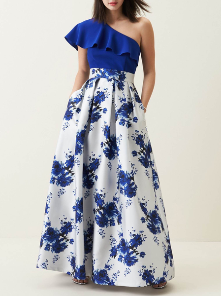 

Floral Elegant Regular Fit Party Dress, Blue, Maxi Dresses