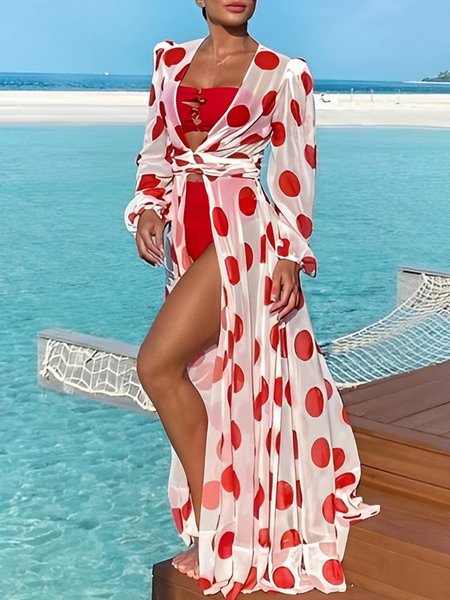 

Regular Fit Vacation Polka Dots V Neck Kimono, Orange red, Kimonos