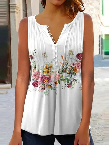

Floral V Neck Casual Tank Top, White, Tanks & Camis