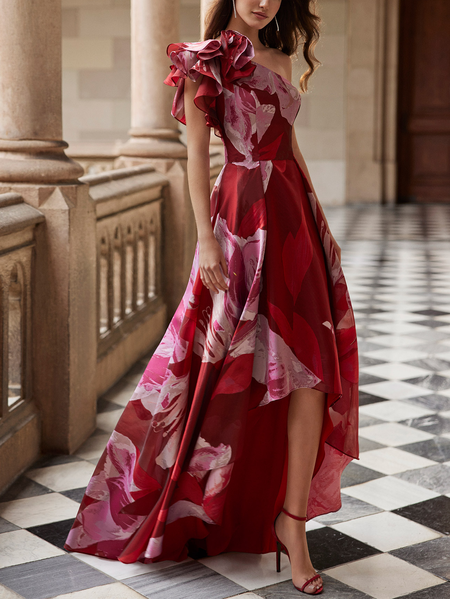 

Elegant Floral Asymmetrical Wedding Guest Dress, Red, Maxi Dresses