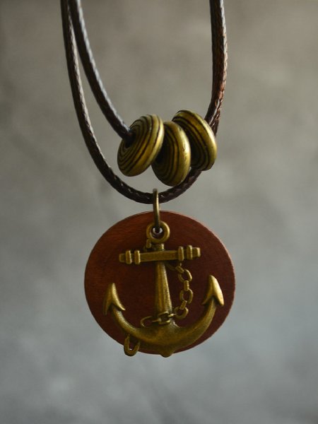 

Vintage Anchor Pattern Wooden Leather Layered Necklace Ethnic Women Jewelry, Black, Necklaces