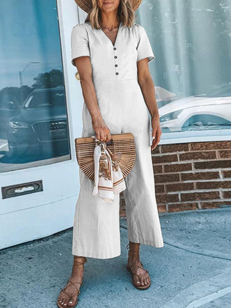 

V Neck Plain Casual Jumpsuit, White, Jumpsuits & Rompers