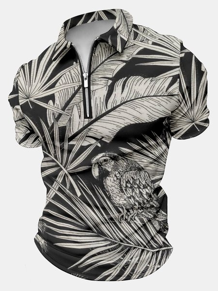 

Men’s Outdoor Vacation Leaves Pattern Casual Regular Fit Polo Shirt, As picture, T-shirts