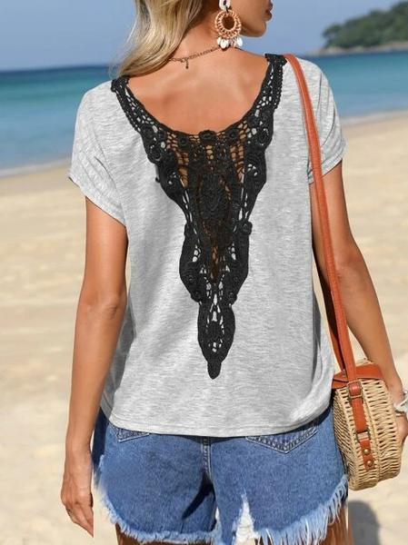 

Knitted Casual Lace T-Shirt, Gray, T-Shirts