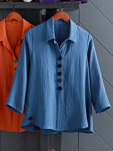 

Spring Fall Shirt Collar Casual Button Blue Long Sleeve Blouse, Blouses & Shirts