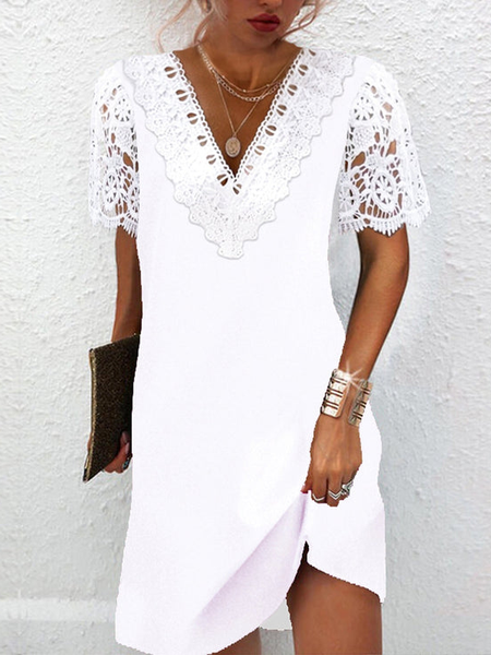 

Plain V Neck Lace Casual Dress, White, Dresses
