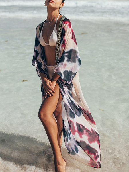 

Long sleeve Abstract Loose Vacation Kimono, As picture, Others