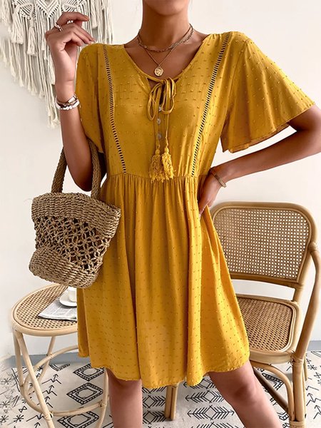 

Vacation Ruffled Sleeves Loose Dress, Yellow, Mini Dresses