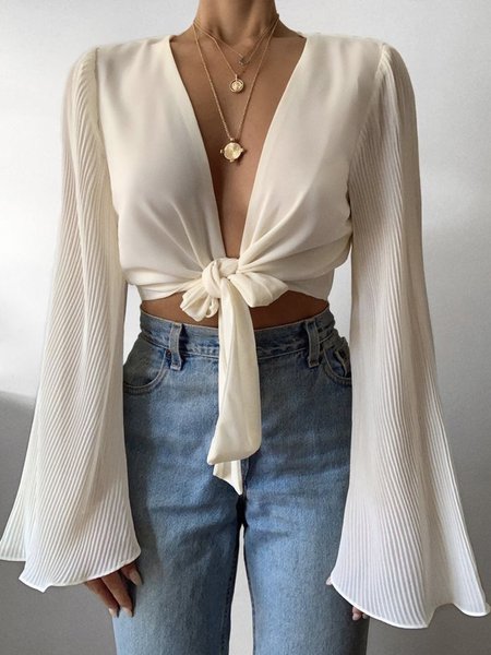 

V Neck Elegant Regular Fit Chiffon Kimono, Off white, Others