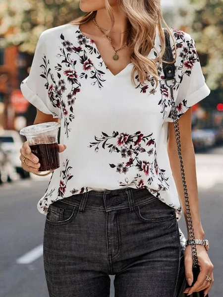 

Casual Floral V Neck T-Shirt, White, T-Shirts