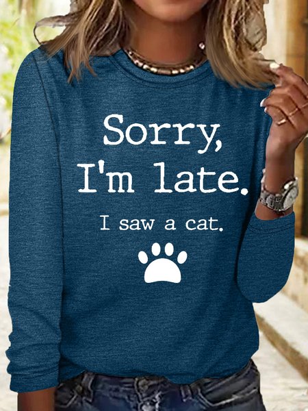 Women's Cat Lover Casual Crew Neck T-Shirt, Blue, Long sleeves