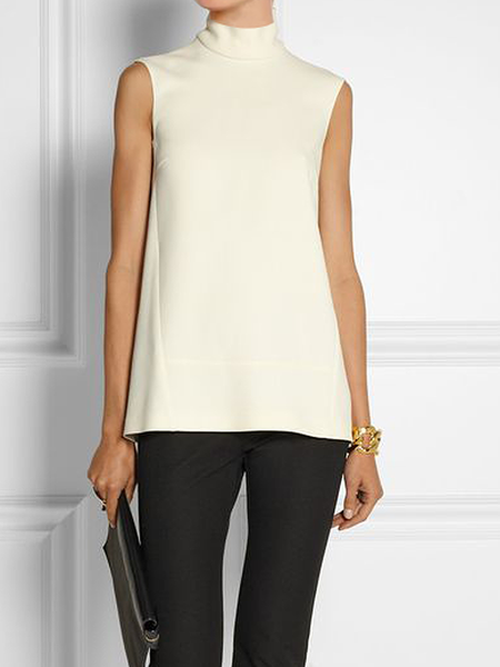 

Regular Fit Urban Plain Stand Collar Sleeveless Blouse, White, Blouses and Shirts