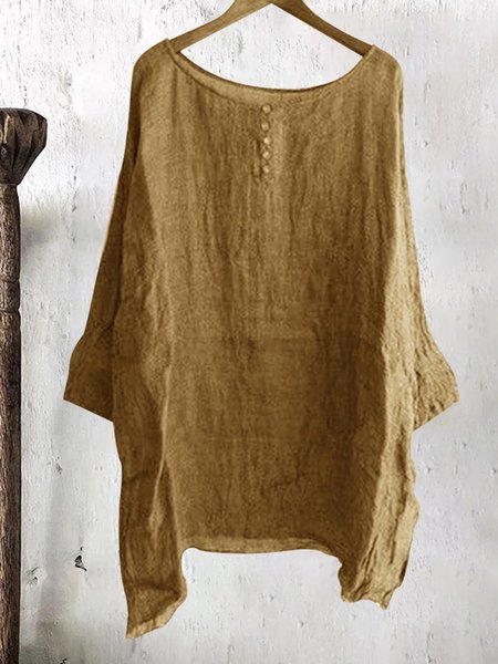 

Loose Crew Neck Linen Plain Shirt, Yellow, Tunics