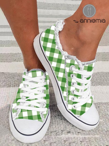 

Green Plaid Canvas Lace-Up Canvas Shoes, Women Shoes