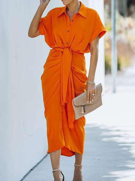 

Shirt Collar Elegant Regular Fit Plain Dress, Orange, Midi Dresses