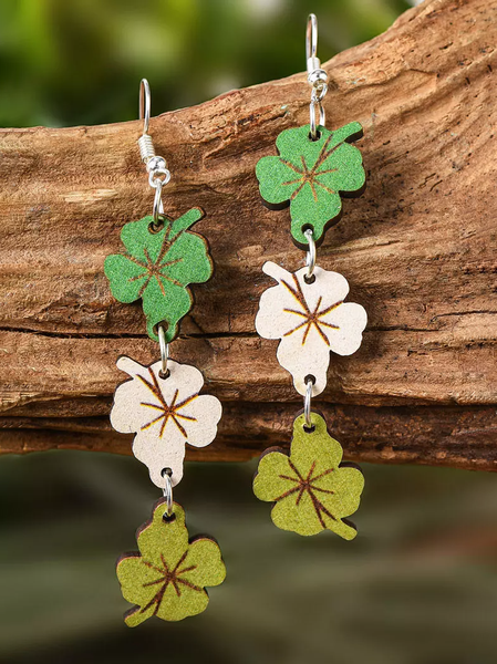 

St. Patrick Green Four Leaf Clover Wooden Earrings Female Party Holiday Jewelry, Earrings