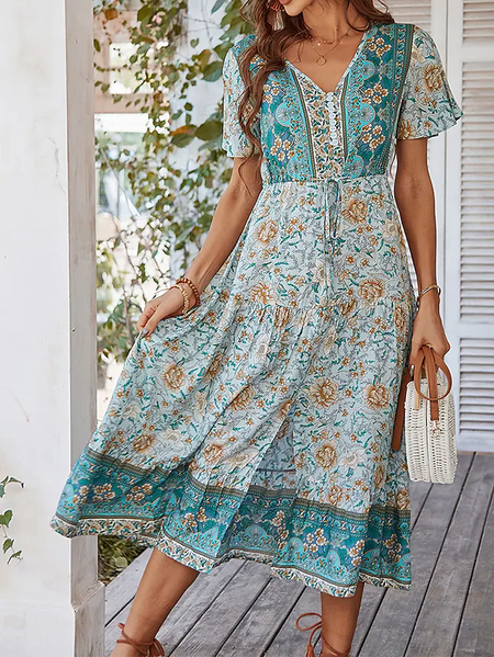 

Vacation Loose V Neck Dress, Green, Dresses
