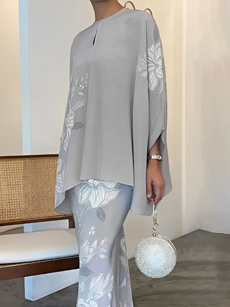 

Floral Elegant Loose Crew Neck Shirt, Gray, Blouses and Shirts