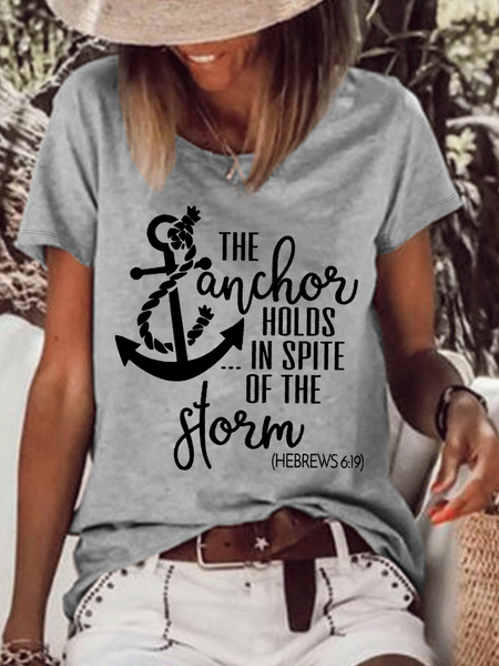 

Women's Jesus Bible Verse The Anchor Holds In Spite Of the Storm Cotton Crew Neck Casual T-Shirt, Gray, T-shirts