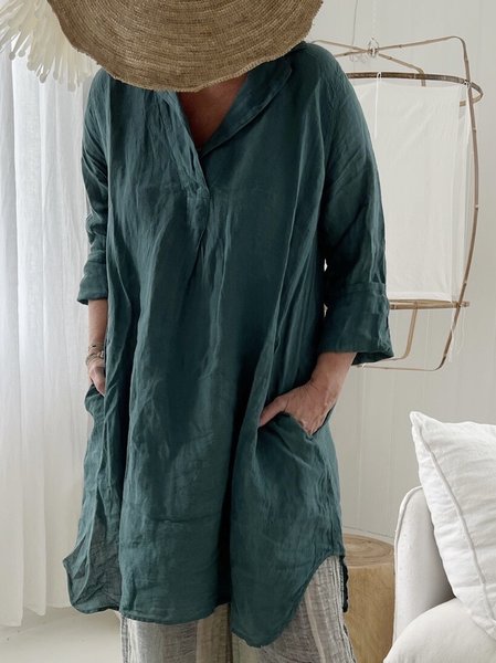 

Loose Casual Cotton And Linen Shirt Collar Blouse, Dark green, Shirts & Blouses