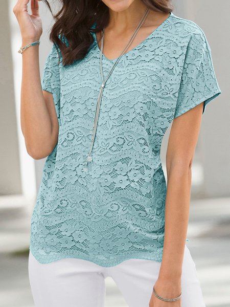 

Lace Loose Elegant Plain Shirt, Light blue, Tees & T-shirts