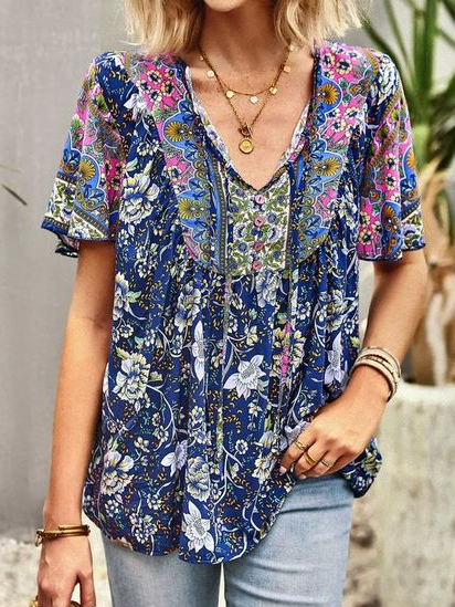 

Loose Floral V Neck Boho Shirt, Blue, Shirts & Blouses