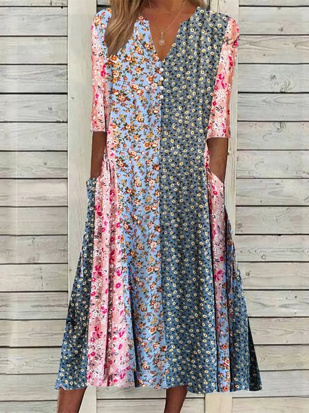 

Ditsy Floral JFN V Neck Color Block Boho Vacation Dress, Pink, Dresses