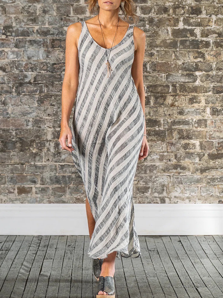 

Regular Fit Cotton And Linen V Neck Casual Dress, Gray, Maxi Dresses