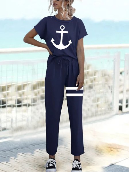 

Color Block Vacation Crew Neck Two-Piece Set, Navy blue, Tops
