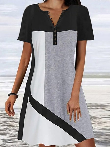 

Loose Color Block V Neck Casual Dress, Black, Dresses