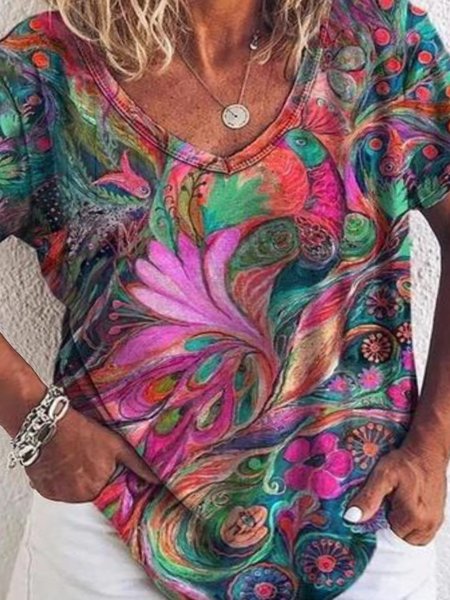 

Plus Size Knitted Casual Loose V Neck T-Shirt, Multicolor, T-Shirts