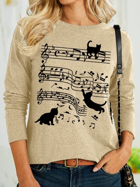 

Women's Trick Cat Music Notes Funny Graphic Printing Text Letters Casual Loose Crew Neck Shirt, Khaki, Long sleeves