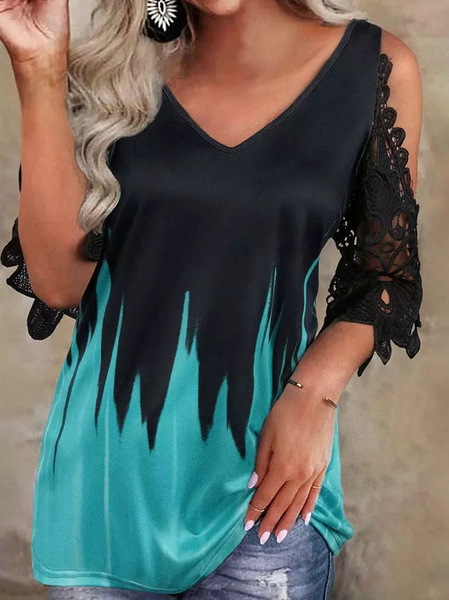 

Loose Casual Ombre V Neck Lace Sleeve Shirt, Black, Shirts & Blouses