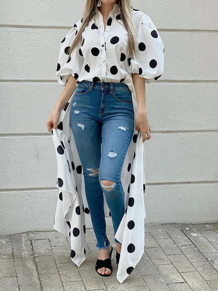 

Polka Dots Loose Shirt Collar Short sleeve Urban Long Blouse, White, Blouses and Shirts