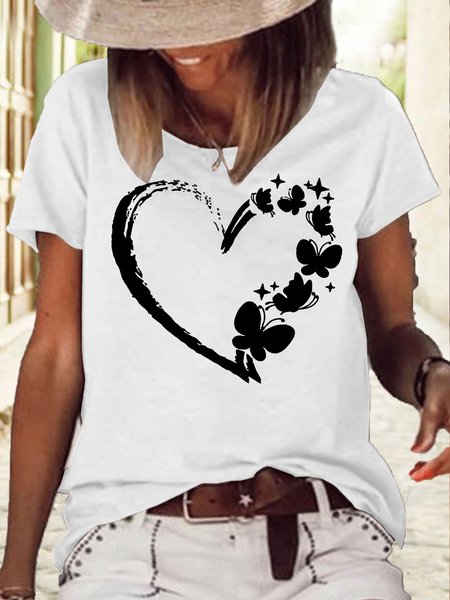 

Women's Butterfly Heart Print Casual Crew Neck Letters T-Shirt, White, T-shirts