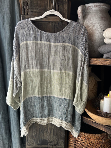 

Casual Color Block Crew Neck Cotton And Linen T-Shirt, As picture, Tunics